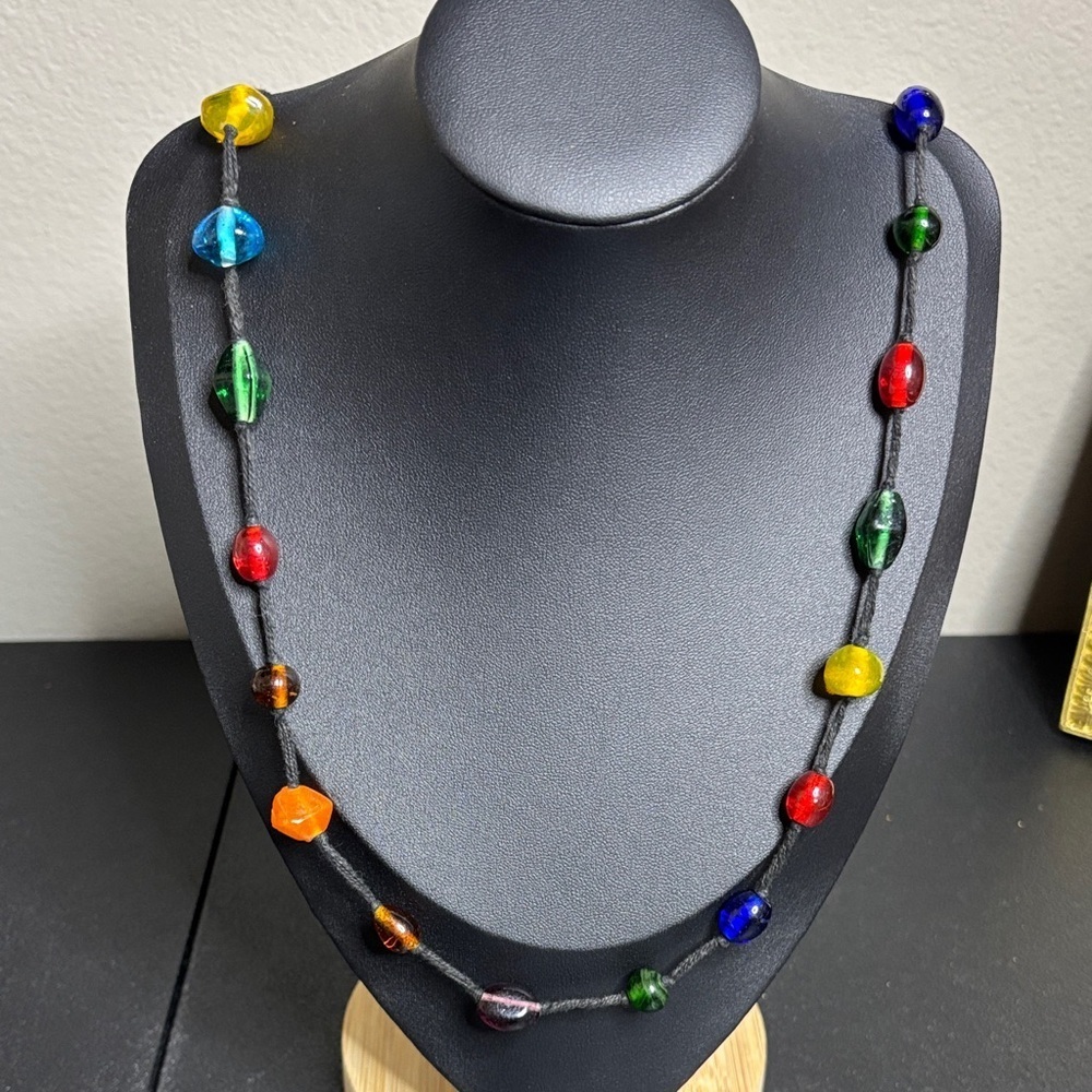 Multicolor Strung Glass Bead Necklace Colorful Long